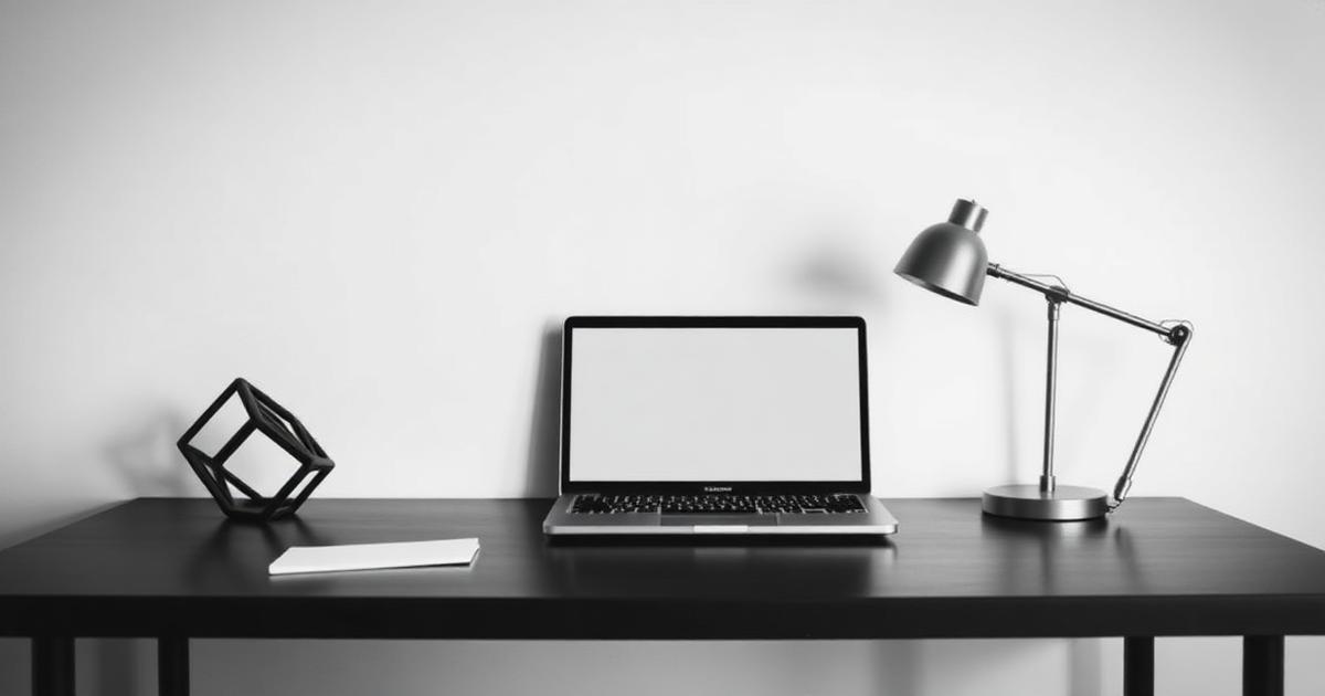 Bureau minimaliste en noir et blanc avec un ordinateur portable